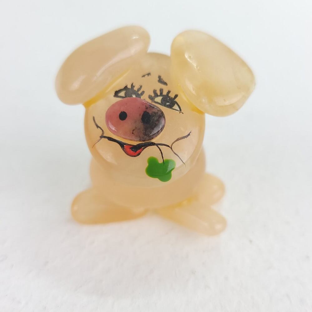 Pink Stone Pig Eating a Clover Mini Figuring Metal Curly Tail Piggy Cute Sweet
